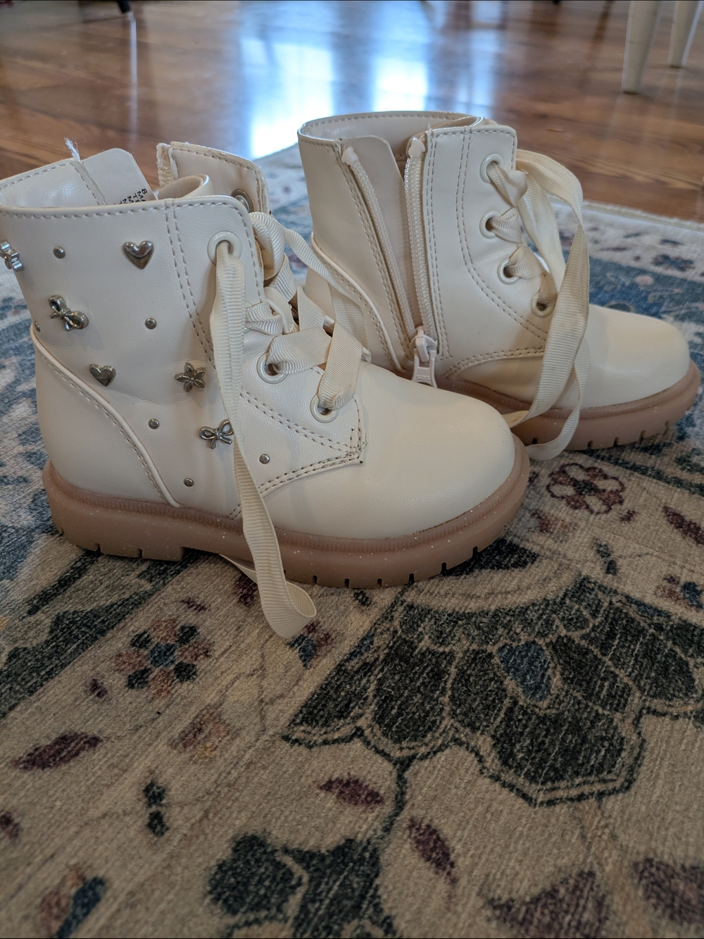 Cat & Jack Cream Lace-Up Zip Boots with Heart & Flower Studs